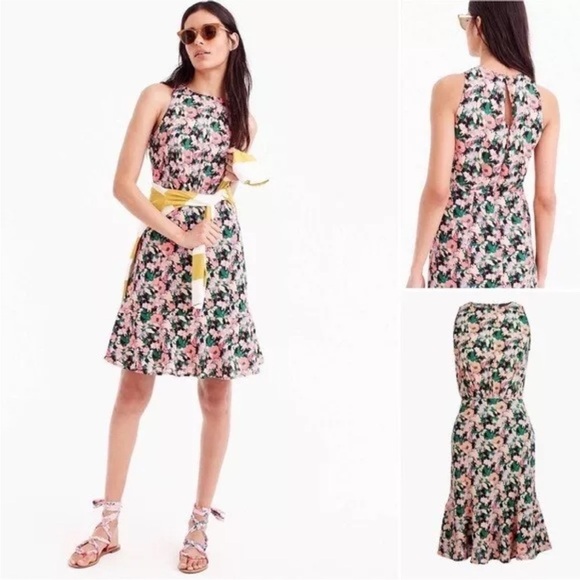 Jcrew Floral Tulip Hem Dress Black Green Pink Sleeveless - Picture 3 of 11